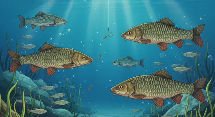 Pescar barbo en río con cebo natural